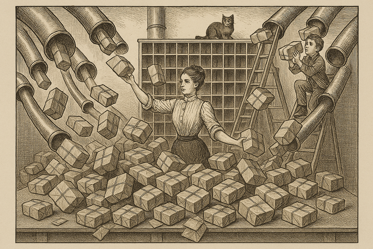 Victorian etching of a composed woman clerk catching parcels that pour from several brass chutes onto her sorting table, while a boy on a ladder hands her another and a cat watches from the pigeonholes.