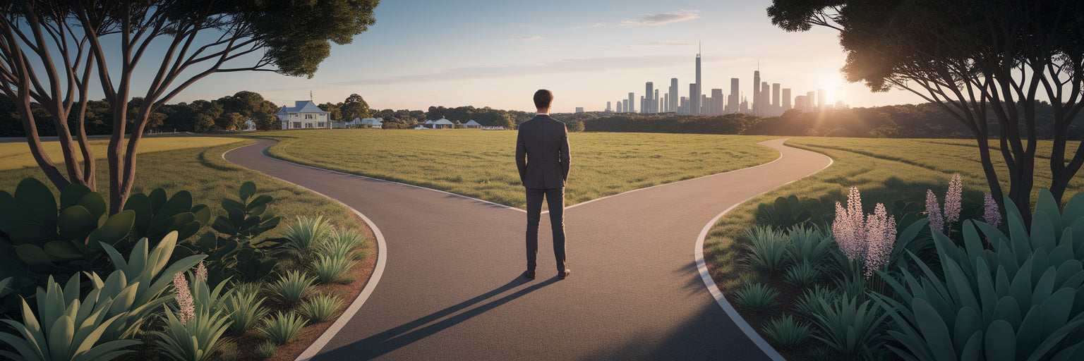 Person choosing between two paths in Australian landscape.