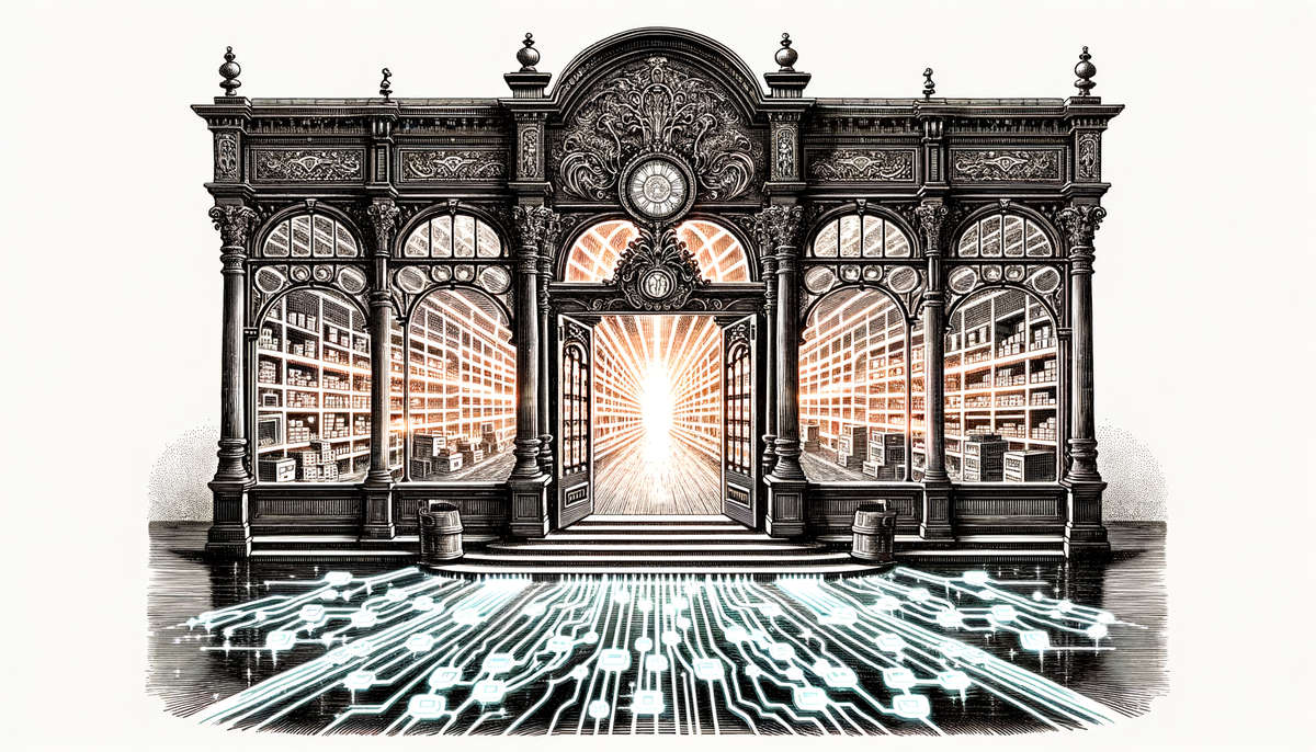 Victorian woodcut illustration of a storefront with doors open and interconnected pathways flowing outward representing products reaching multiple AI shopping channels