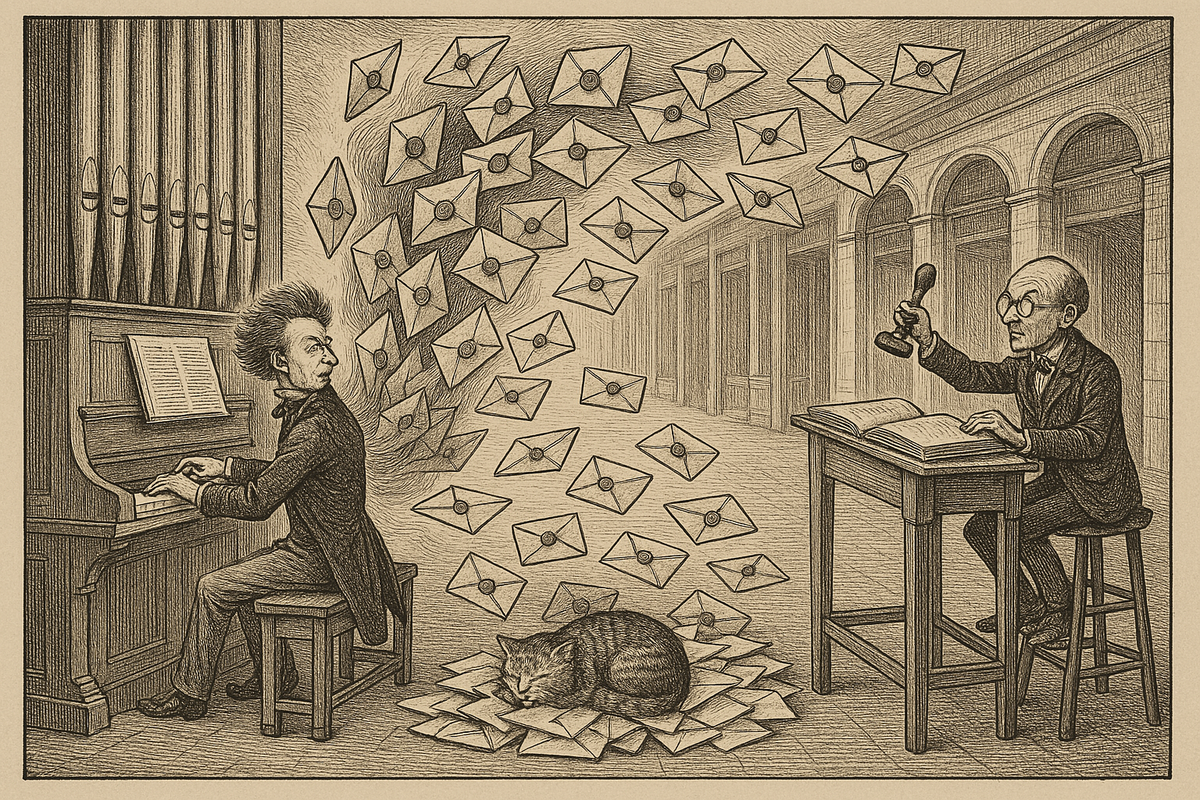 Victorian etching of a composer at a pipe organ sending a stream of sealed envelopes across the room while a clerk raises a rubber stamp over a ledger and a cat sleeps on the pile.