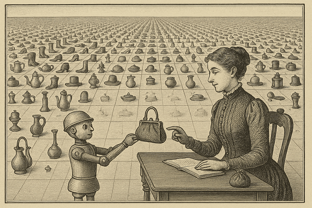 Victorian etching of a woman at a writing table choosing a handbag held up by a small clockwork footman, in front of an endless grid of goods stretching to the horizon.