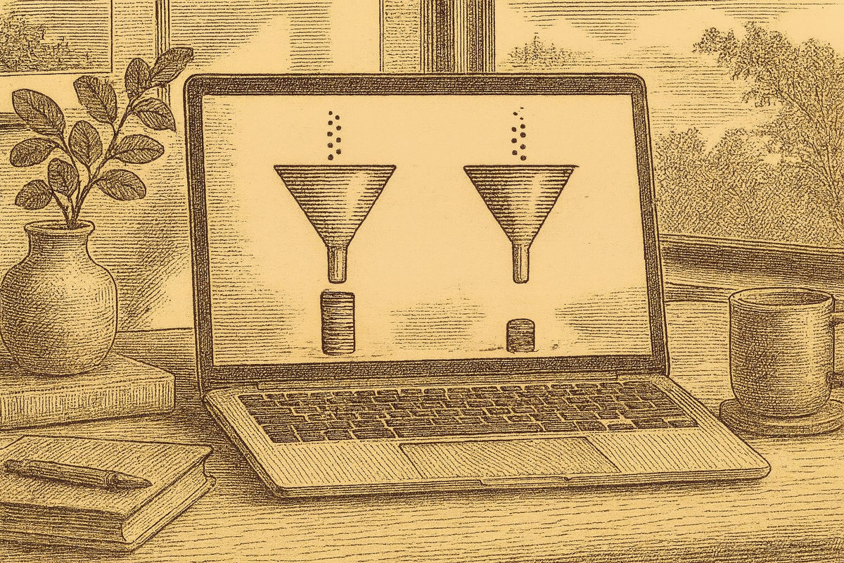 Etching of a laptop on a desk showing two identical funnels with the same stream going in; the left one produces a stack of coins about 80% taller than the right.
