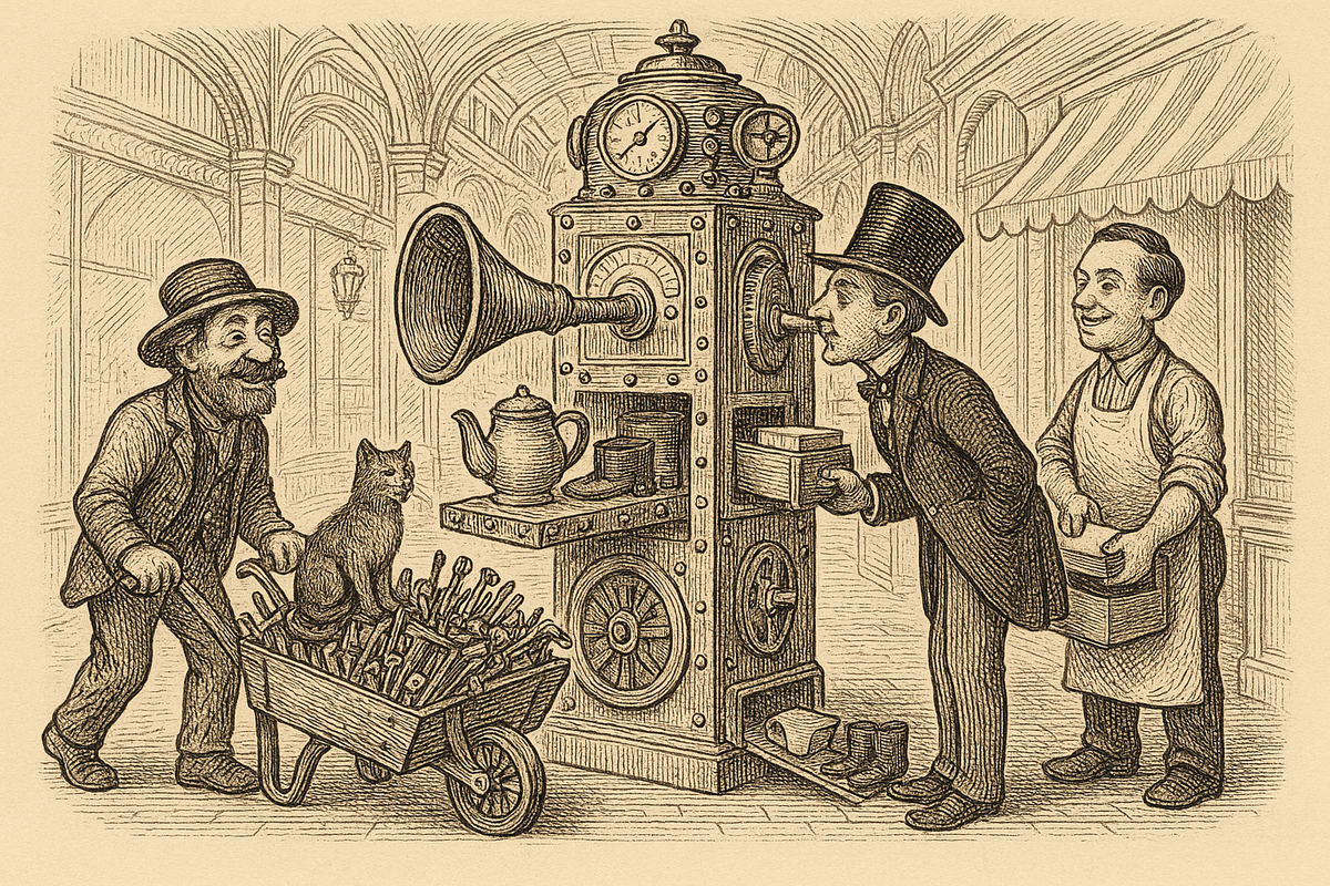 Victorian etching of a top-hatted shopper consulting a brass oracle machine that dispenses a teapot and boots, while a shopkeeper brings a box of index cards and a tinker pushes a barrow of tools with a cat on top.