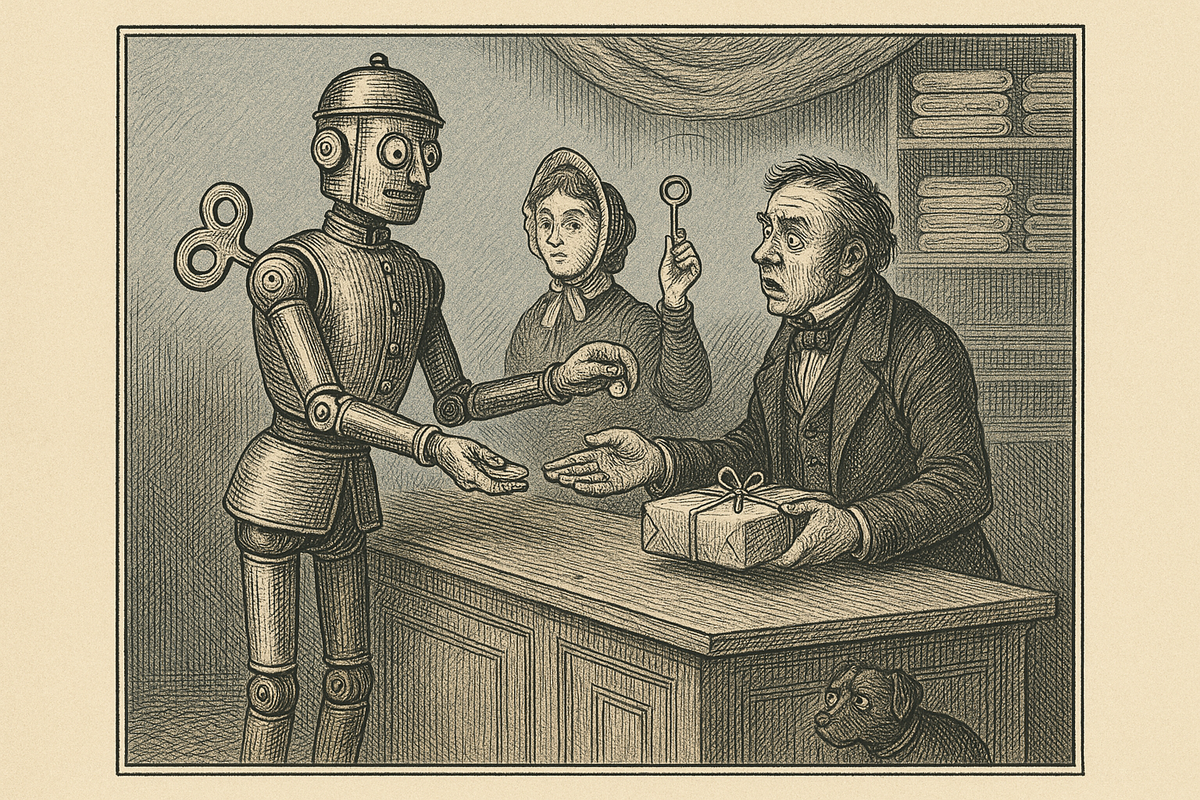 Victorian etching of a clockwork automaton butler paying a startled shopkeeper for a wrapped parcel while a lady behind it holds up a key to give permission.