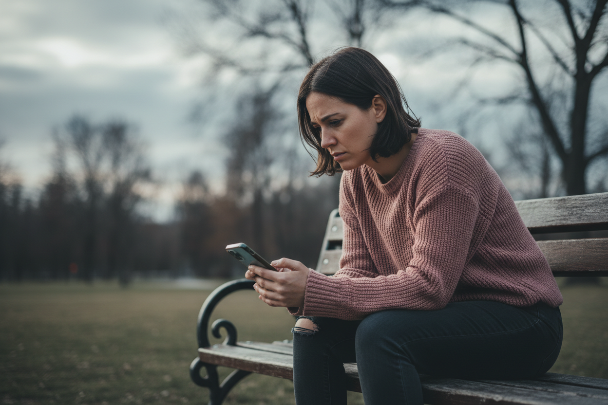 woman looking at a mobile phone sadly